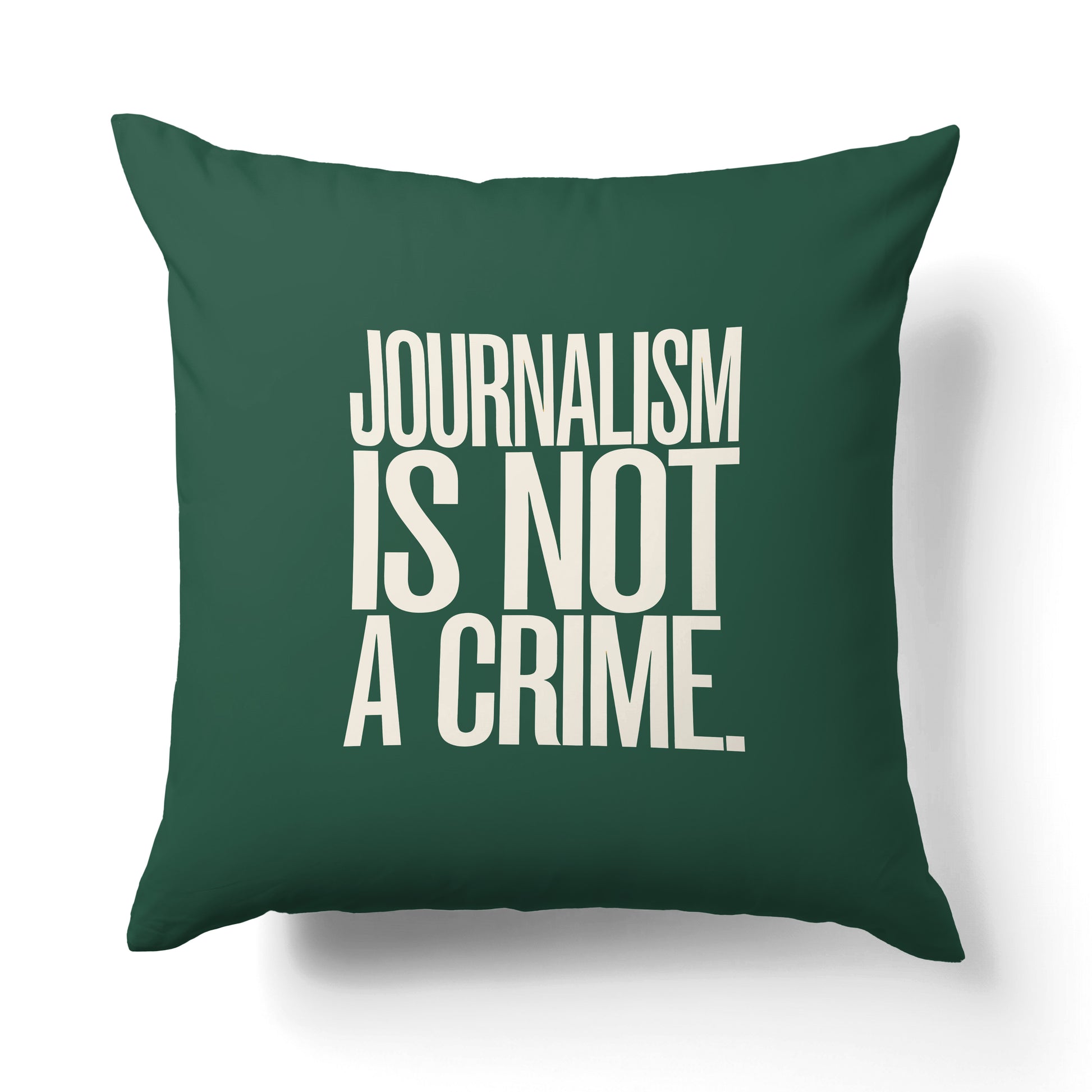 "Journalism is not a crime." — Quorum Pillow on Press Green canvas
