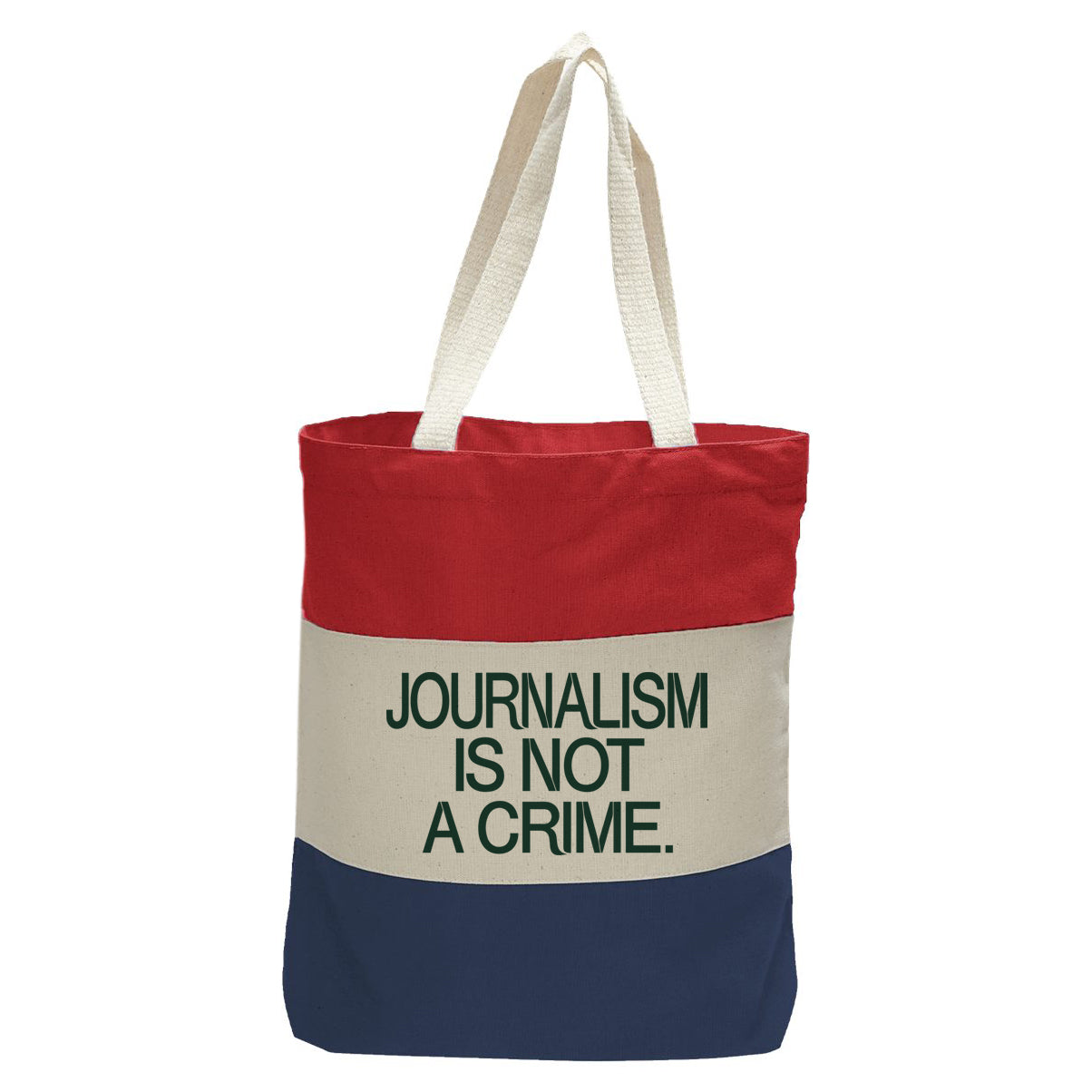 "Journalism Is Not a Crime.", Quorum Tri-Color Canvas Tote in red, natural, and navy panelled cotton canvas