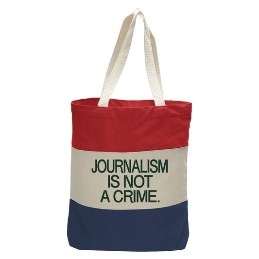 "Journalism Is Not a Crime.", Quorum Tri-Color Canvas Tote in red, natural, and navy panelled cotton canvas