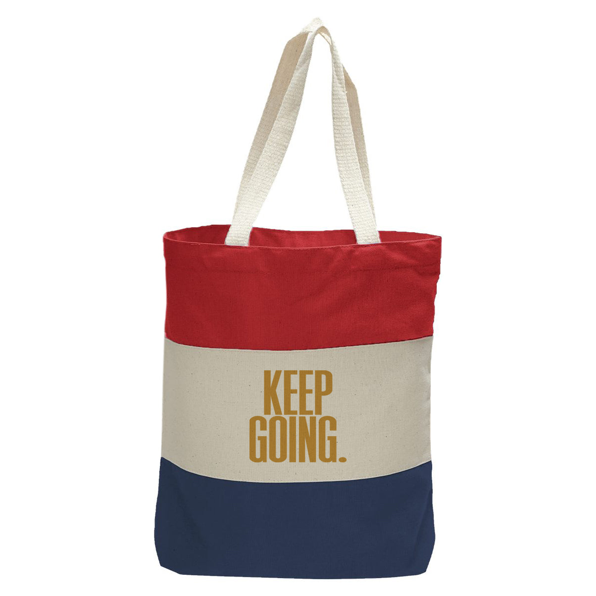 "Keep Going.", Quorum Tri-Color Canvas Tote in red, natural, and navy panelled cotton canvas