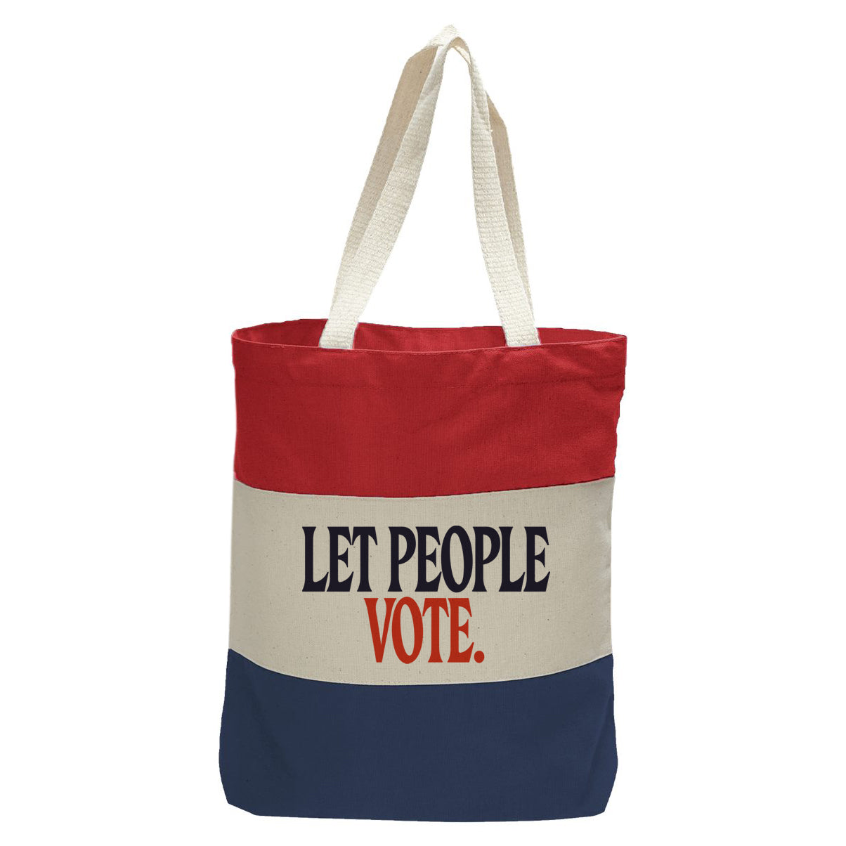 "Let People Vote.", Quorum Tri-Color Canvas Tote in red, natural, and navy panelled cotton canvas