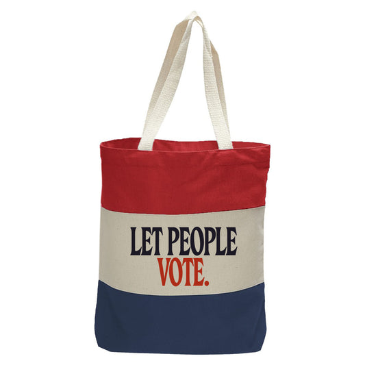 "Let People Vote.", Quorum Tri-Color Canvas Tote in red, natural, and navy panelled cotton canvas