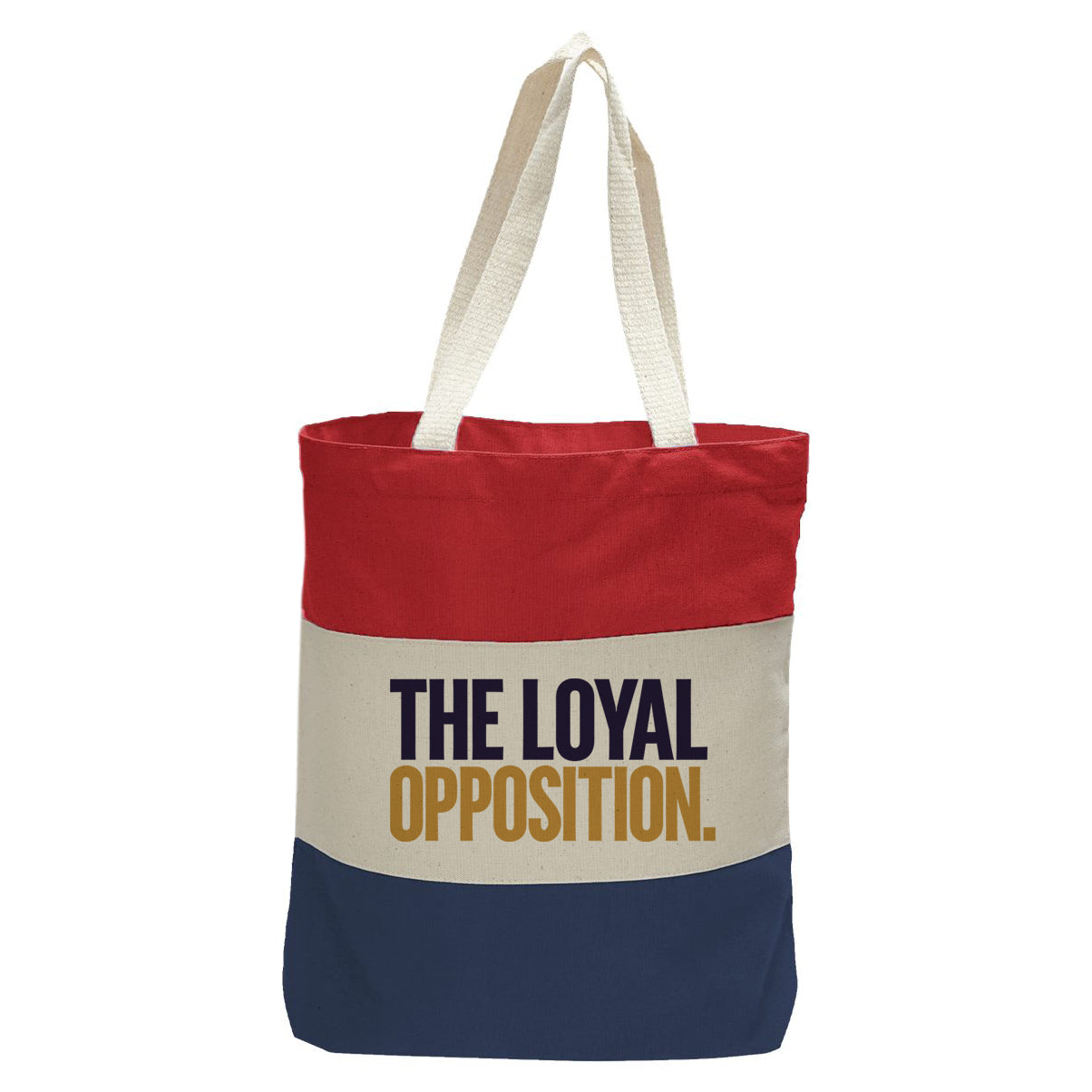 "The Loyal Opposition.", Quorum Tri-Color Canvas Tote in red, natural, and navy panelled cotton canvas