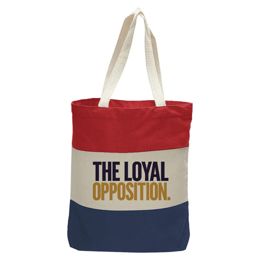 "The Loyal Opposition.", Quorum Tri-Color Canvas Tote in red, natural, and navy panelled cotton canvas