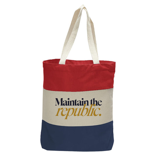 "Maintain the Republic.", Quorum Tri-Color Canvas Tote in red, natural, and navy panelled cotton canvas