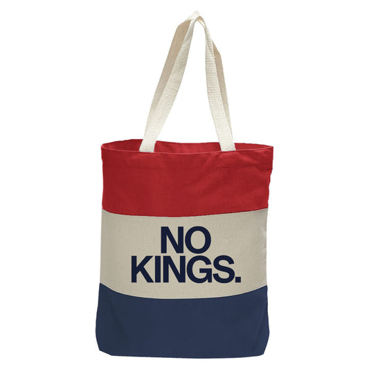 "No Kings.", Quorum Tri-Color Canvas Tote in red, natural, and navy panelled cotton canvas