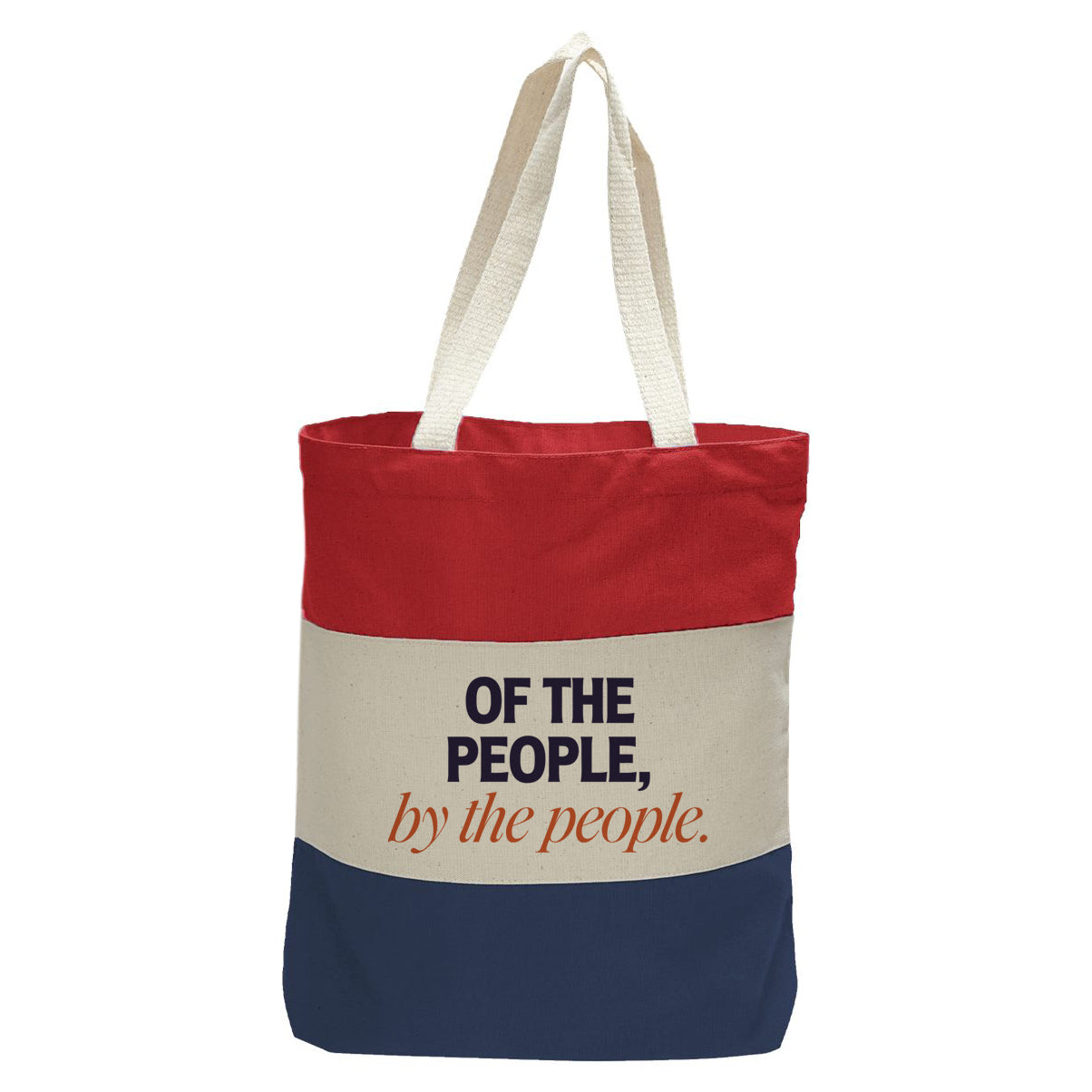 "Of the People, By the People, For the People.", Quorum Tri-Color Canvas Tote in red, natural, and navy panelled cotton canvas