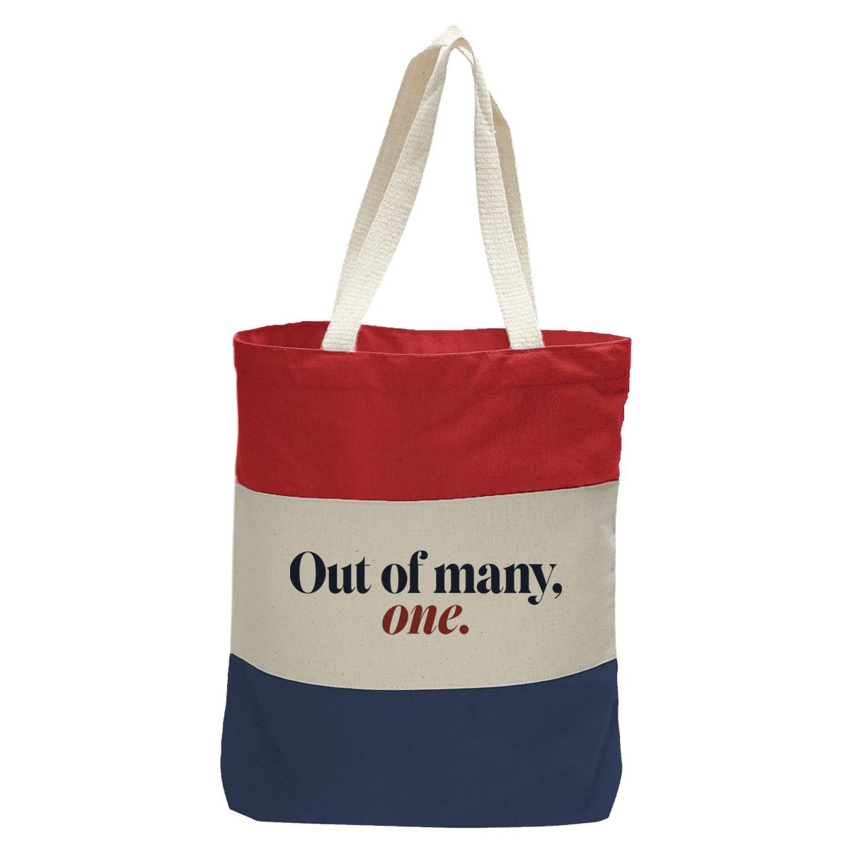 "Out of Many, One.", Quorum Tri-Color Canvas Tote in red, natural, and navy panelled cotton canvas