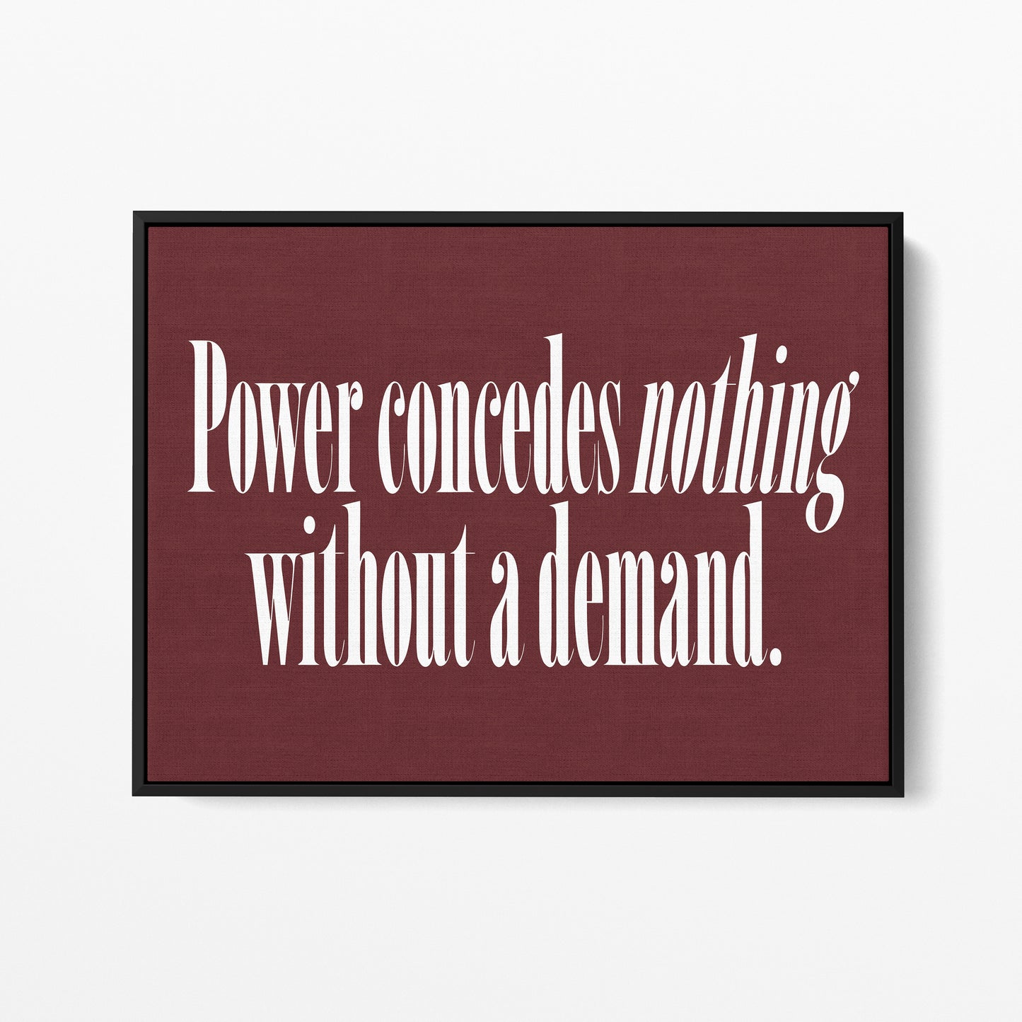Power Concedes Nothing — Quorum framed gallery canvas in black hardwood floater frame, landscape orientation