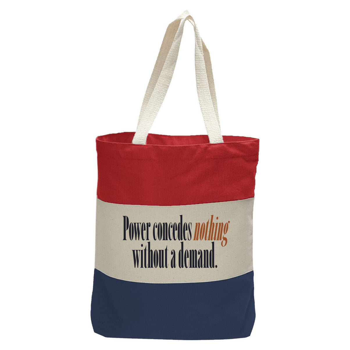 "Power Concedes Nothing.", Quorum Tri-Color Canvas Tote in red, natural, and navy panelled cotton canvas