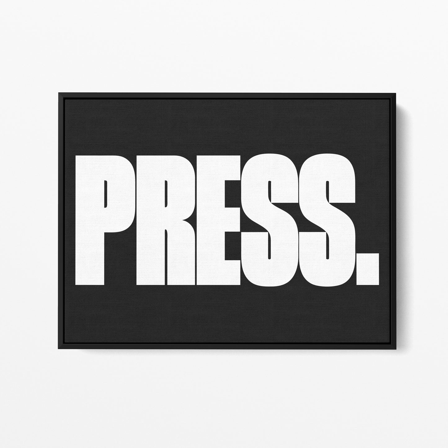 Press — Quorum framed gallery canvas in black hardwood floater frame, landscape orientation