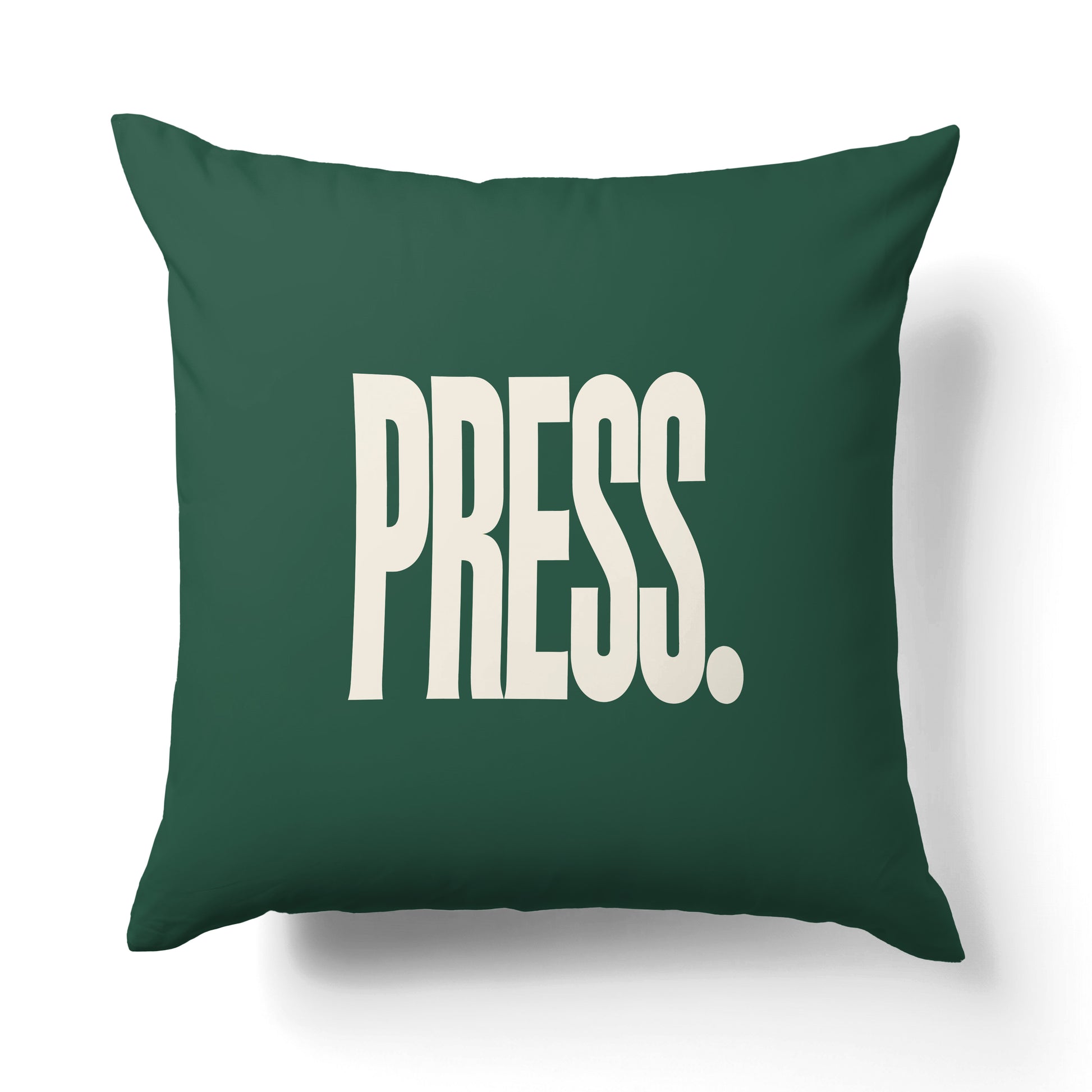 "Press." — Quorum Pillow on Press Green canvas