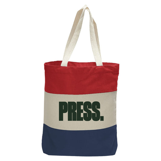 "Press.", Quorum Tri-Color Canvas Tote in red, natural, and navy panelled cotton canvas