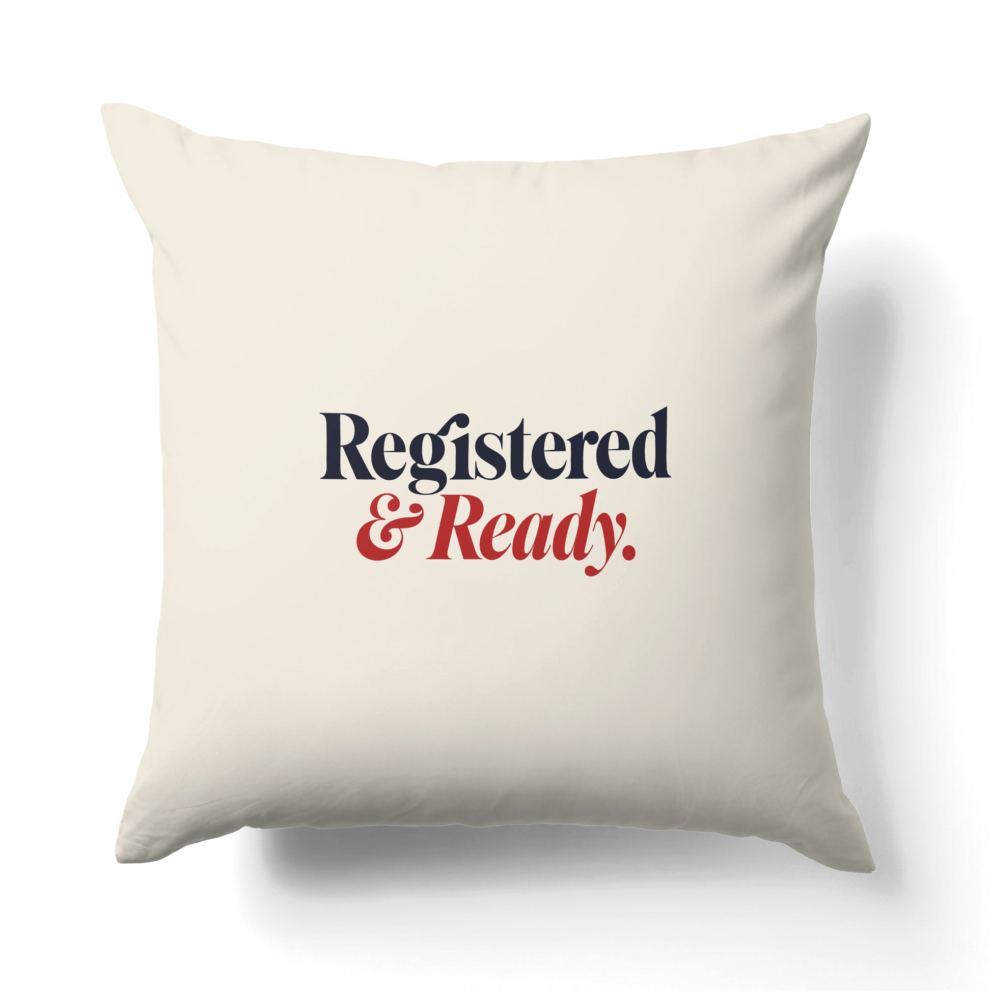 "Registered and ready." — Quorum Pillow on Penguin Red canvas