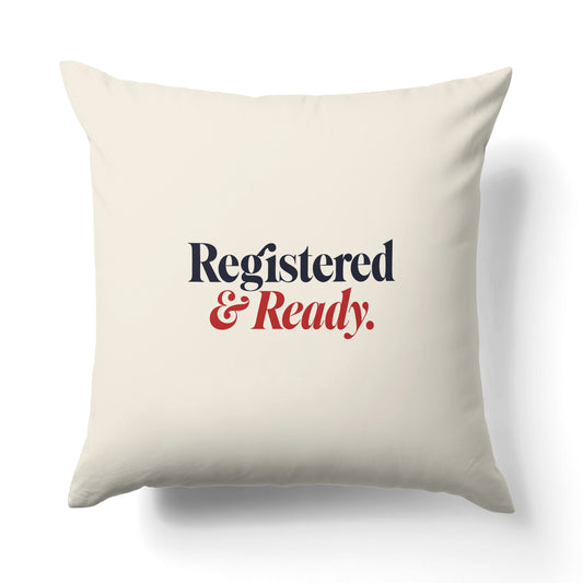 "Registered and ready." — Quorum Pillow on Penguin Red canvas