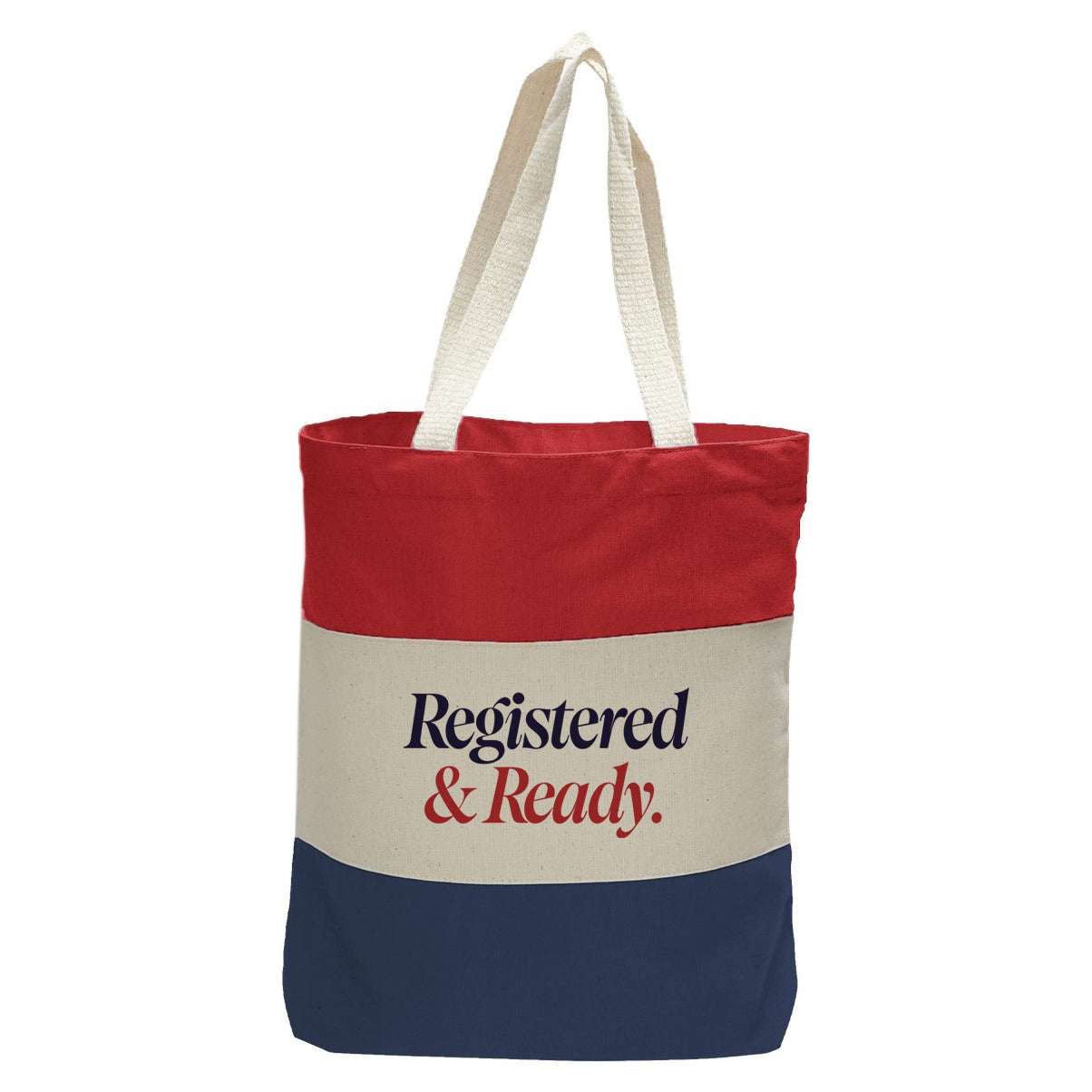 "Registered and Ready.", Quorum Tri-Color Canvas Tote in red, natural, and navy panelled cotton canvas