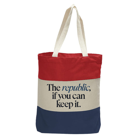 "A Republic, If You Can Keep It.", Quorum Tri-Color Canvas Tote in red, natural, and navy panelled cotton canvas