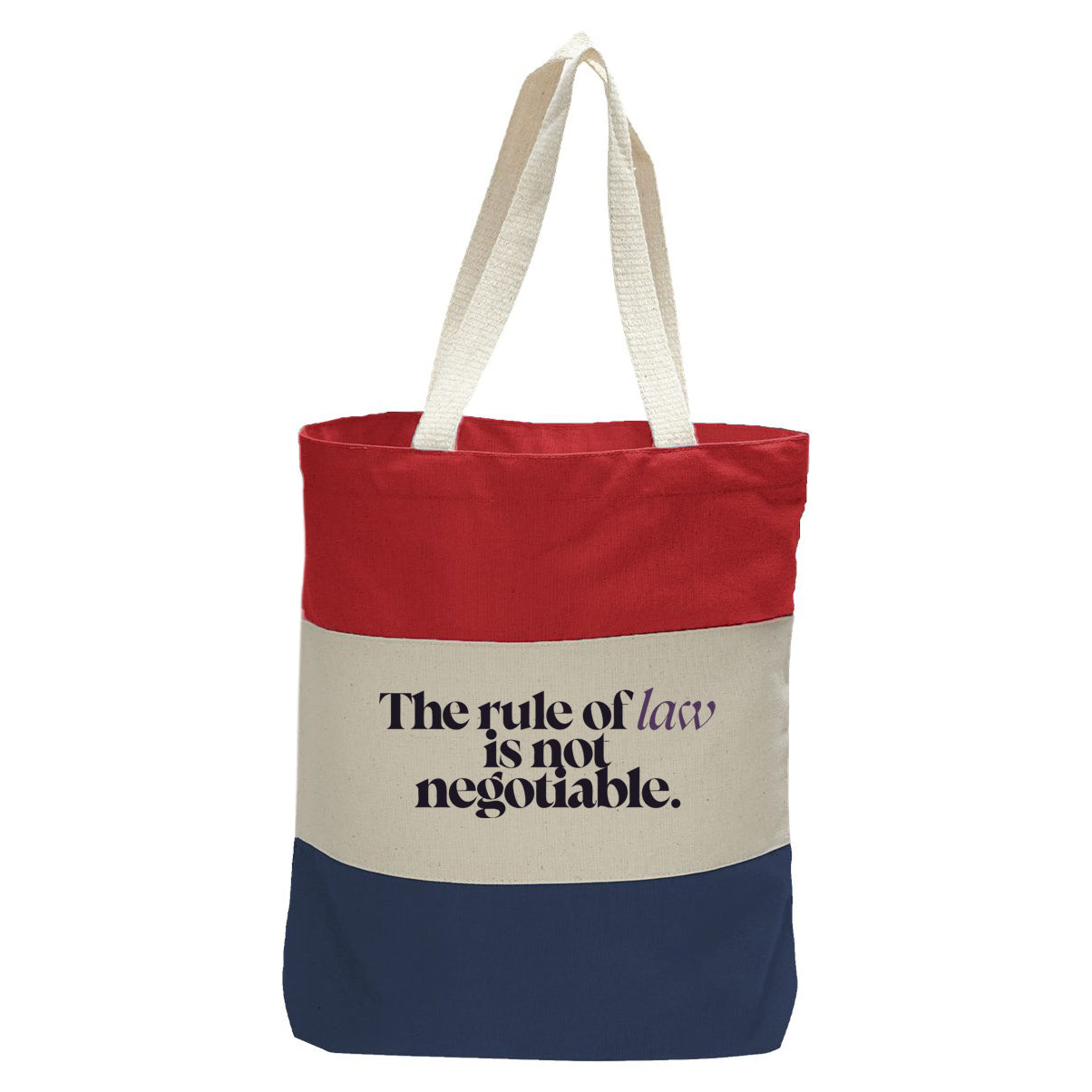 "Rule of Law.", Quorum Tri-Color Canvas Tote in red, natural, and navy panelled cotton canvas