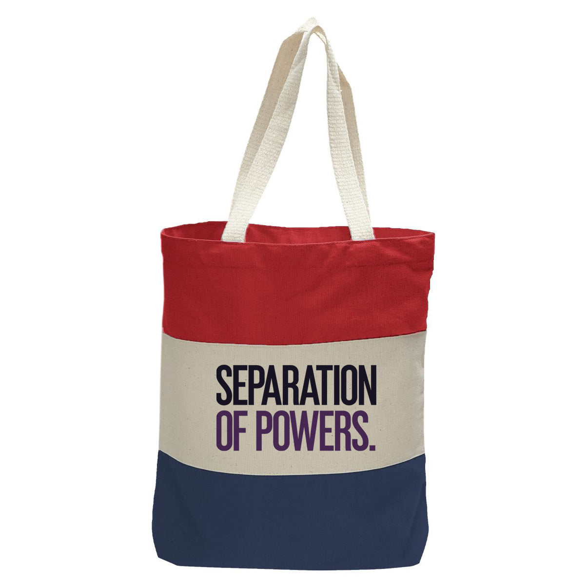 "Separation of Powers.", Quorum Tri-Color Canvas Tote in red, natural, and navy panelled cotton canvas