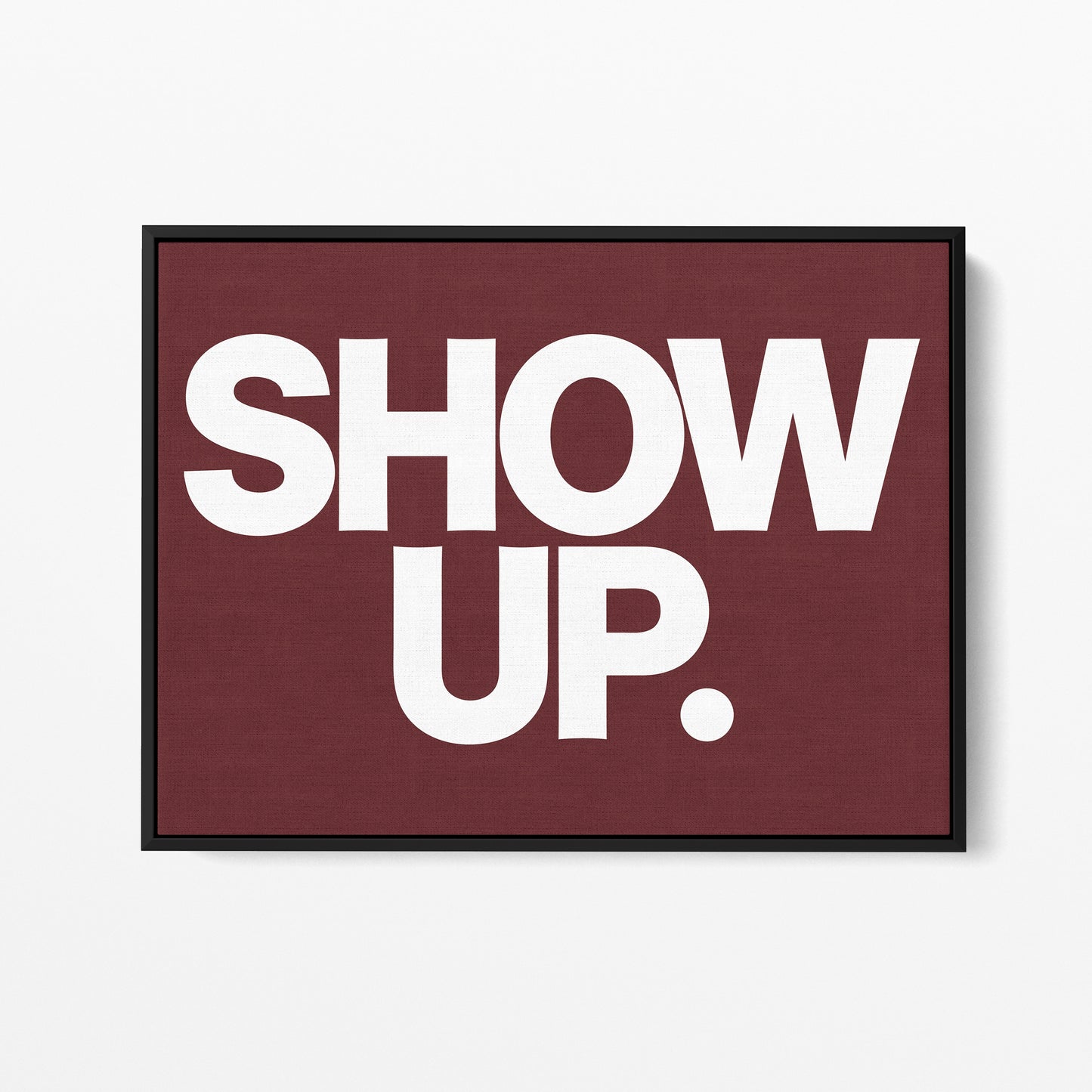 Show Up. Vote. — Quorum framed gallery canvas in black hardwood floater frame, landscape orientation
