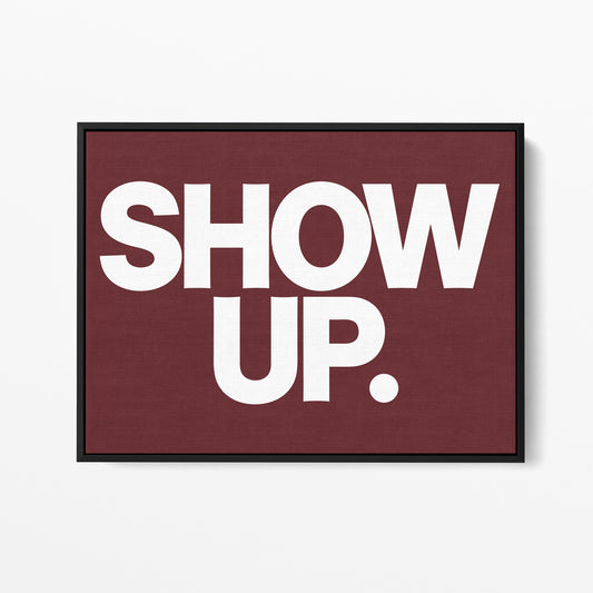 Show Up. Vote. — Quorum framed gallery canvas in black hardwood floater frame, landscape orientation