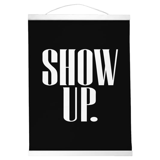 "Show Up. Vote." — Quorum Hanging Canvas, Sign Black type on pure white canvas with black hanger