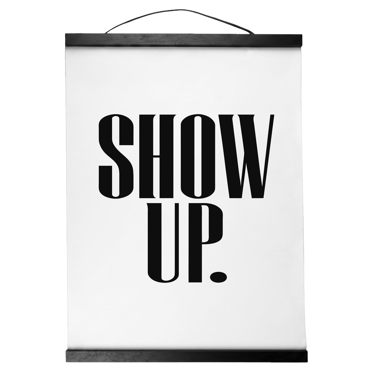 "Show Up. Vote." — Quorum Hanging Canvas, pure white type on Sign Black canvas with white hanger