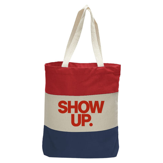 "Show Up. Vote.", Quorum Tri-Color Canvas Tote in red, natural, and navy panelled cotton canvas
