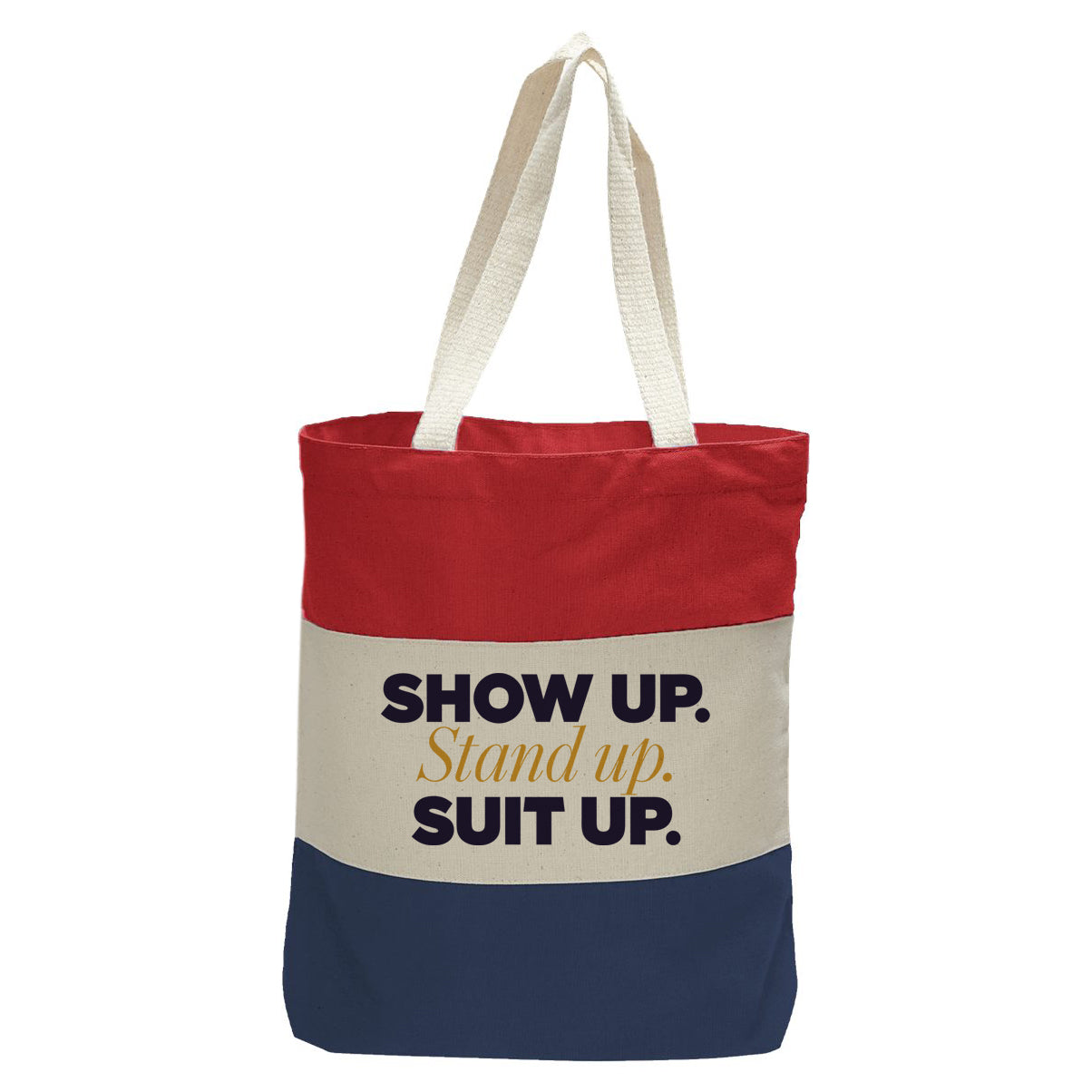 "Show Up.", Quorum Tri-Color Canvas Tote in red, natural, and navy panelled cotton canvas