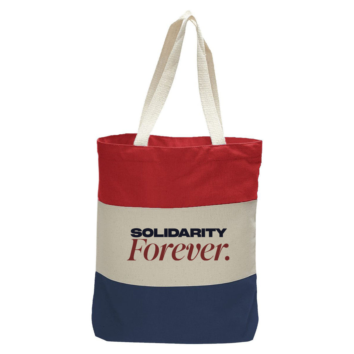 "Solidarity Forever.", Quorum Tri-Color Canvas Tote in red, natural, and navy panelled cotton canvas
