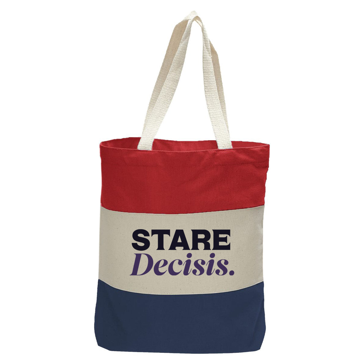 "Stare Decisis.", Quorum Tri-Color Canvas Tote in red, natural, and navy panelled cotton canvas