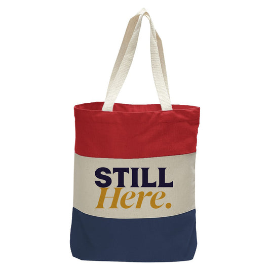 "Still Here.", Quorum Tri-Color Canvas Tote in red, natural, and navy panelled cotton canvas