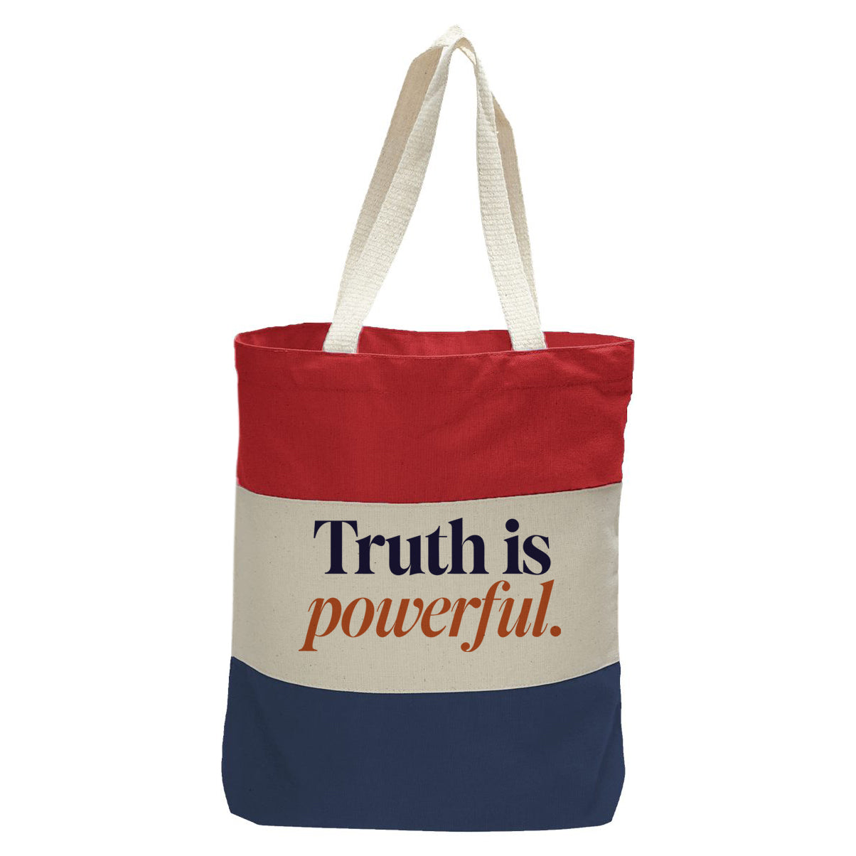 "Truth Is Powerful.", Quorum Tri-Color Canvas Tote in red, natural, and navy panelled cotton canvas