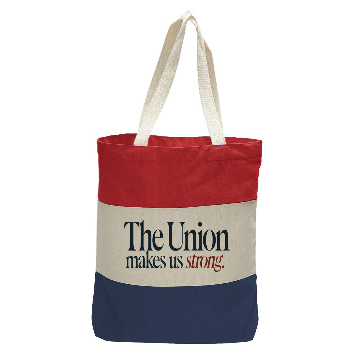 "The Union Makes Us Strong.", Quorum Tri-Color Canvas Tote in red, natural, and navy panelled cotton canvas