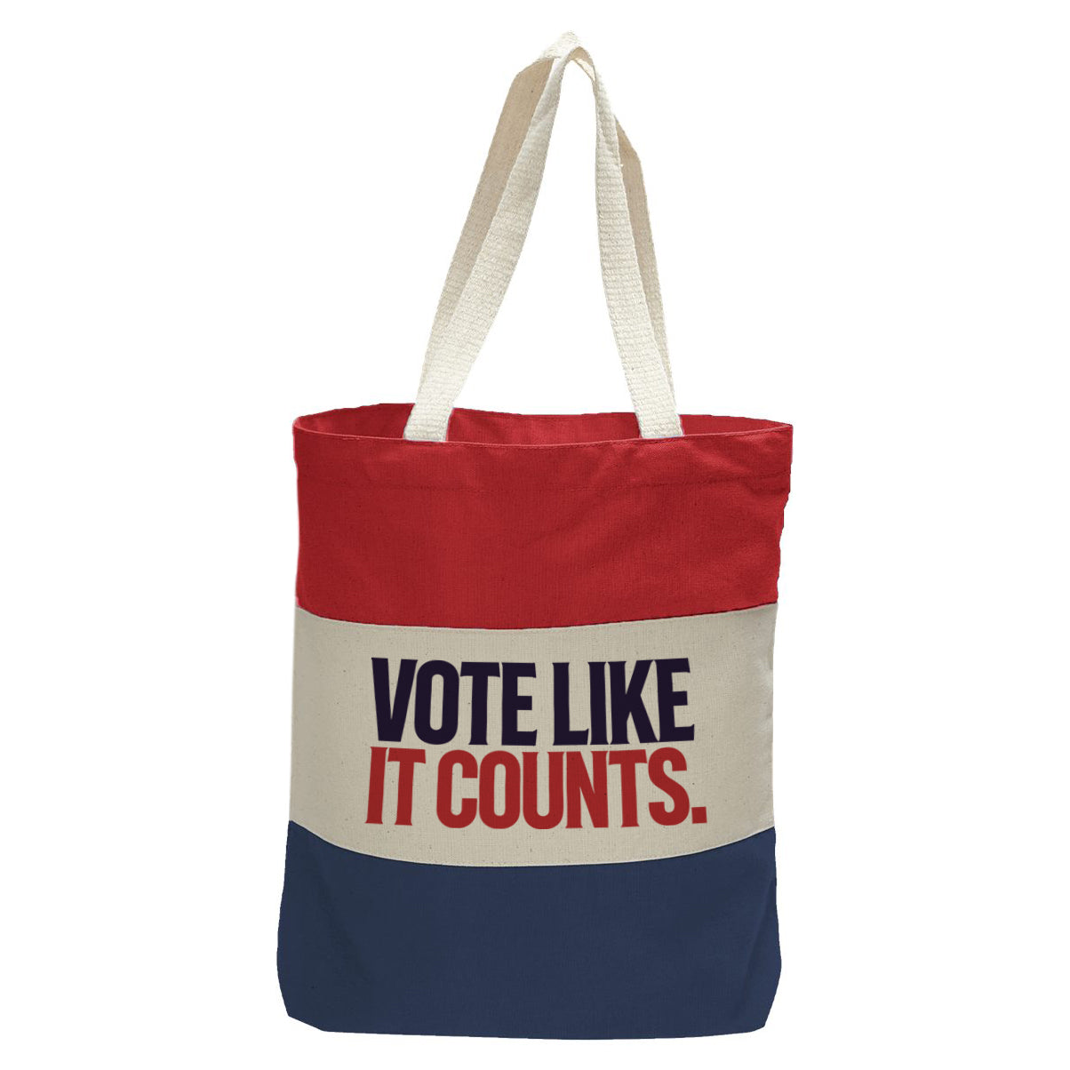 "Vote Like It Counts.", Quorum Tri-Color Canvas Tote in red, natural, and navy panelled cotton canvas