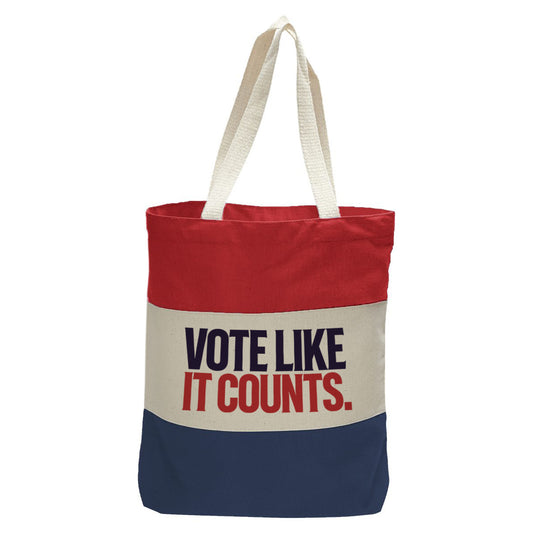 "Vote Like It Counts.", Quorum Tri-Color Canvas Tote in red, natural, and navy panelled cotton canvas