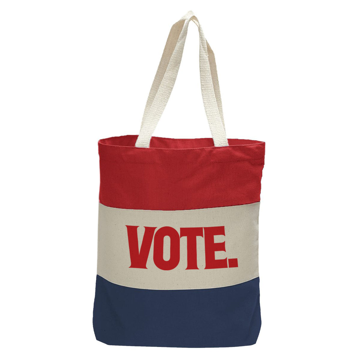 "Vote.", Quorum Tri-Color Canvas Tote in red, natural, and navy panelled cotton canvas