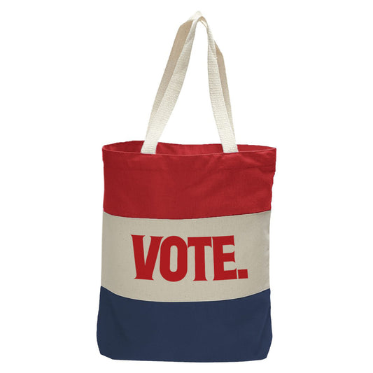 "Vote.", Quorum Tri-Color Canvas Tote in red, natural, and navy panelled cotton canvas