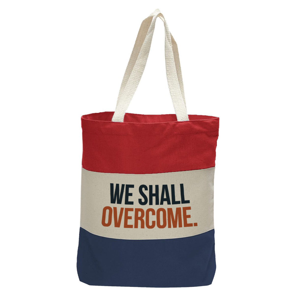 "We Shall Overcome.", Quorum Tri-Color Canvas Tote in red, natural, and navy panelled cotton canvas